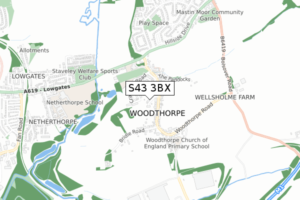 S43 3BX map - small scale - OS Open Zoomstack (Ordnance Survey)