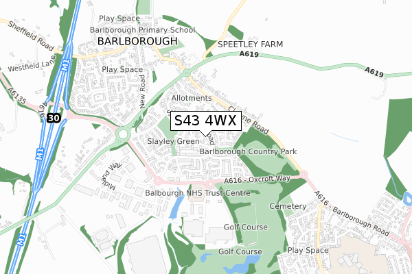 S43 4WX map - small scale - OS Open Zoomstack (Ordnance Survey)