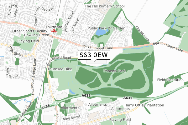 S63 0EW map - small scale - OS Open Zoomstack (Ordnance Survey)