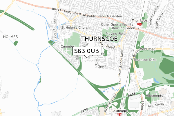 S63 0UB map - small scale - OS Open Zoomstack (Ordnance Survey)