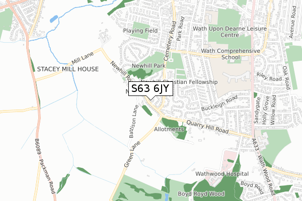 S63 6JY map - small scale - OS Open Zoomstack (Ordnance Survey)