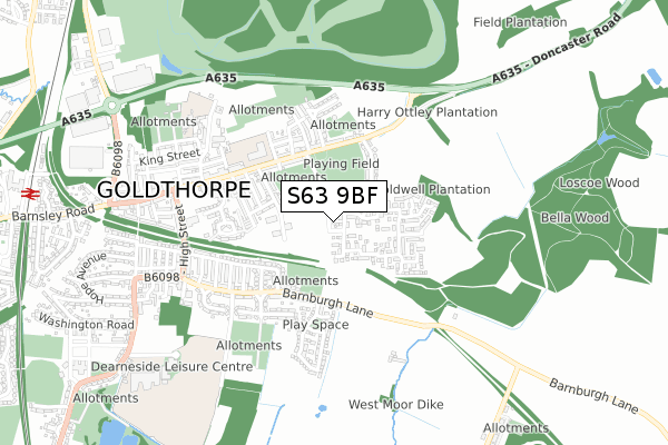 S63 9BF map - small scale - OS Open Zoomstack (Ordnance Survey)