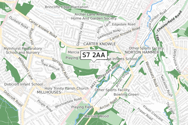 S7 2AA map - small scale - OS Open Zoomstack (Ordnance Survey)