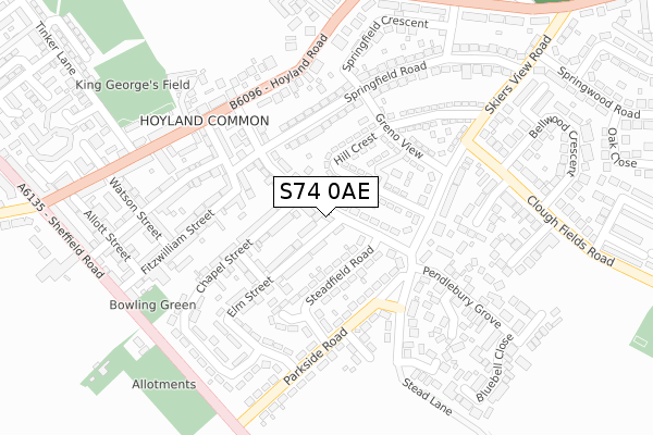 S74 0AE map - large scale - OS Open Zoomstack (Ordnance Survey)
