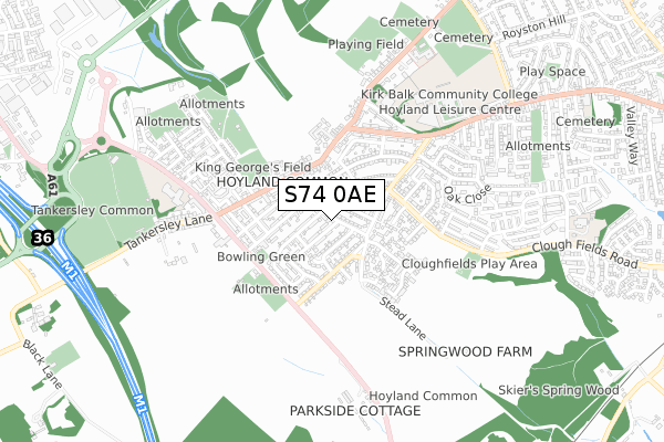 S74 0AE map - small scale - OS Open Zoomstack (Ordnance Survey)