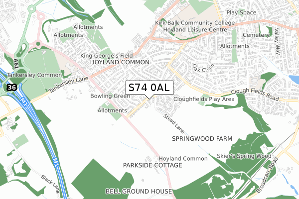 S74 0AL map - small scale - OS Open Zoomstack (Ordnance Survey)