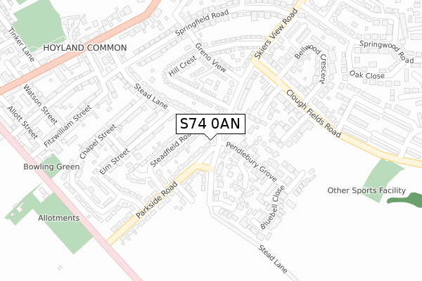 S74 0AN map - large scale - OS Open Zoomstack (Ordnance Survey)