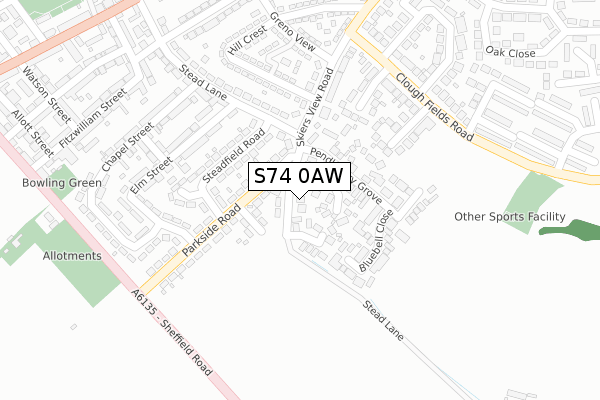 S74 0AW map - large scale - OS Open Zoomstack (Ordnance Survey)