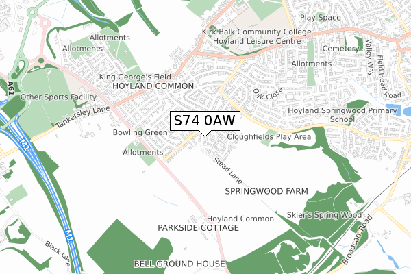 S74 0AW map - small scale - OS Open Zoomstack (Ordnance Survey)