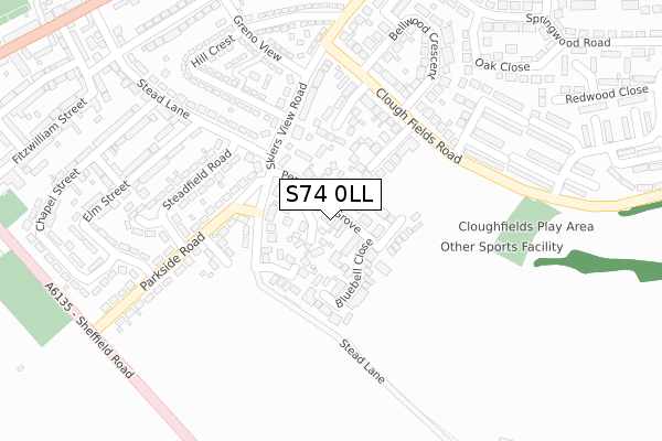 S74 0LL map - large scale - OS Open Zoomstack (Ordnance Survey)