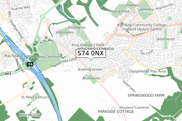 S74 0NX map - small scale - OS Open Zoomstack (Ordnance Survey)