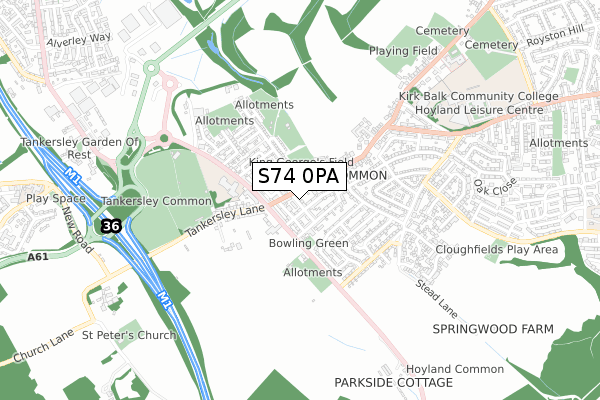 S74 0PA map - small scale - OS Open Zoomstack (Ordnance Survey)