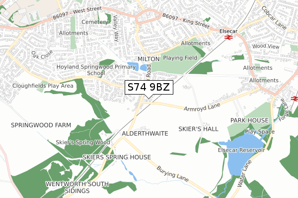 S74 9BZ map - small scale - OS Open Zoomstack (Ordnance Survey)