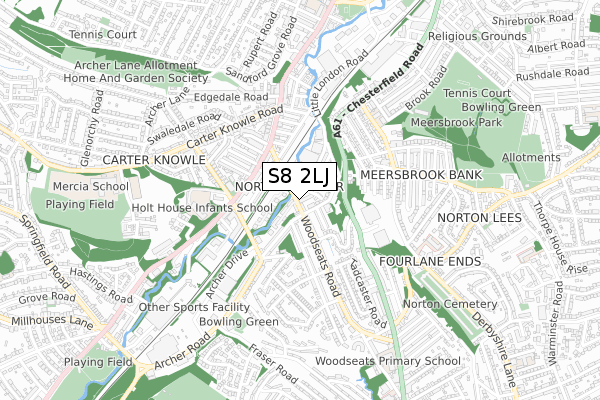 S8 2LJ map - small scale - OS Open Zoomstack (Ordnance Survey)