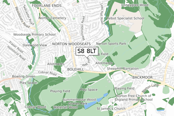 S8 8LT map - small scale - OS Open Zoomstack (Ordnance Survey)