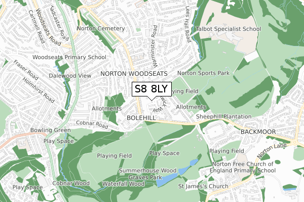 S8 8LY map - small scale - OS Open Zoomstack (Ordnance Survey)