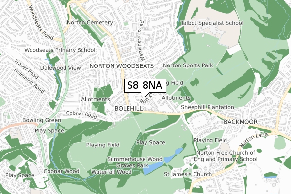 S8 8NA map - small scale - OS Open Zoomstack (Ordnance Survey)