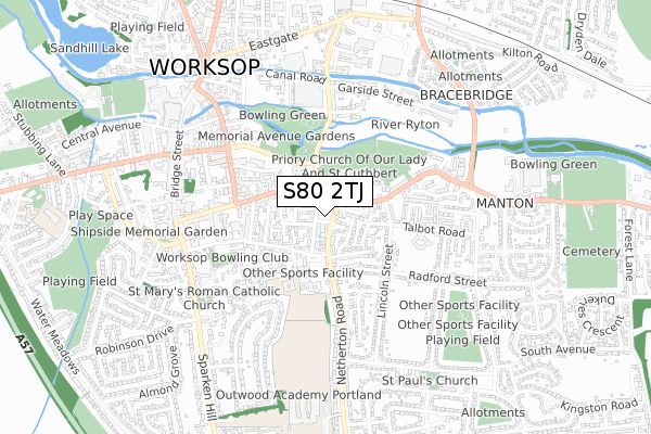 S80 2TJ map - small scale - OS Open Zoomstack (Ordnance Survey)