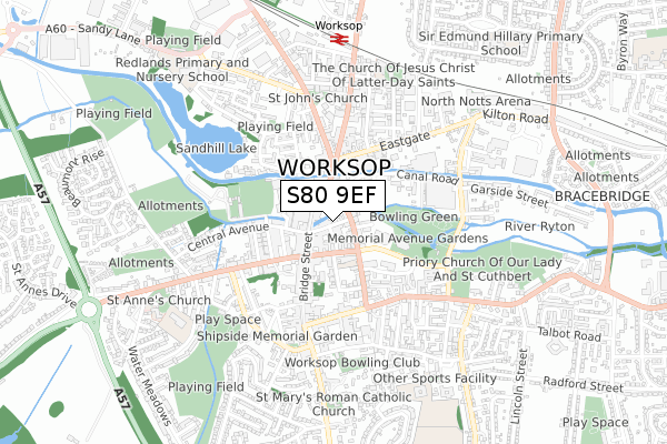 S80 9EF map - small scale - OS Open Zoomstack (Ordnance Survey)