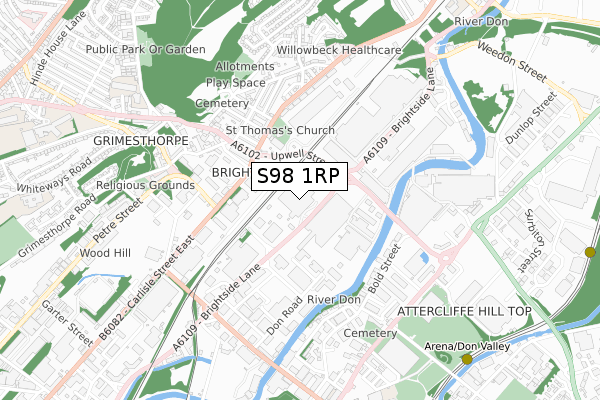 S98 1RP map - small scale - OS Open Zoomstack (Ordnance Survey)