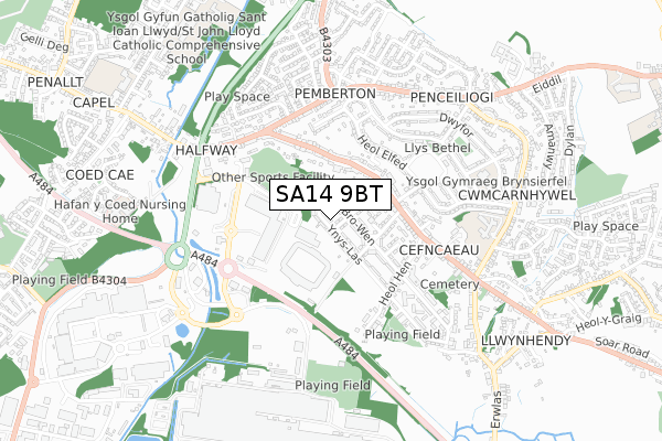 SA14 9BT map - small scale - OS Open Zoomstack (Ordnance Survey)