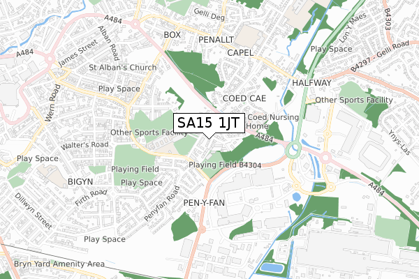 SA15 1JT map - small scale - OS Open Zoomstack (Ordnance Survey)