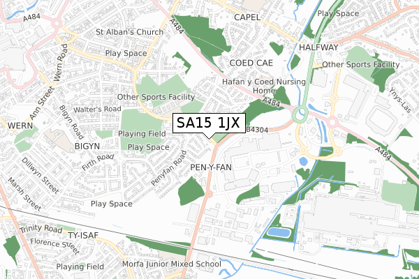 SA15 1JX map - small scale - OS Open Zoomstack (Ordnance Survey)