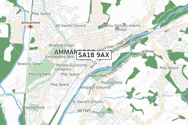 SA18 9AX map - small scale - OS Open Zoomstack (Ordnance Survey)