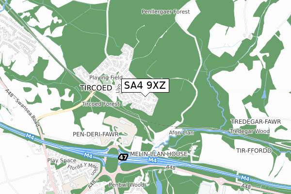 SA4 9XZ map - small scale - OS Open Zoomstack (Ordnance Survey)
