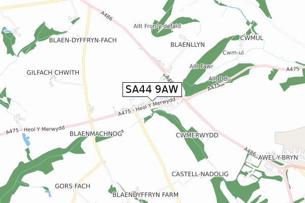 SA44 9AW map - small scale - OS Open Zoomstack (Ordnance Survey) SA44 9AW map - small scale - OS Open Zoomstack (Ordnance Survey)