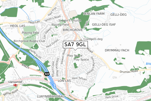 SA7 9GL map - small scale - OS Open Zoomstack (Ordnance Survey)