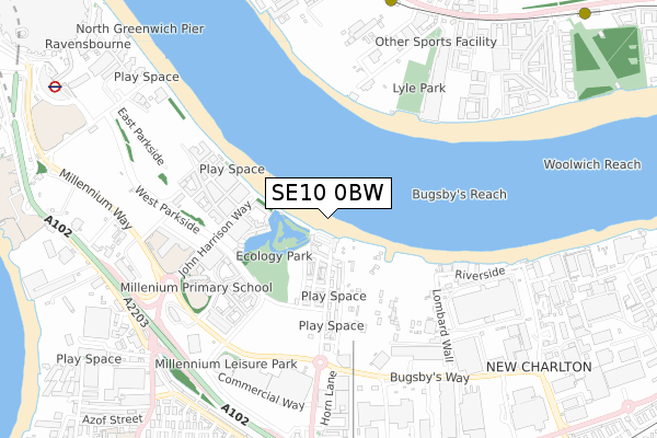 SE10 0BW map - small scale - OS Open Zoomstack (Ordnance Survey)