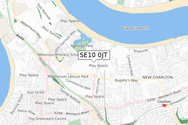 SE10 0JT map - small scale - OS Open Zoomstack (Ordnance Survey)