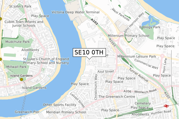 SE10 0TH map - small scale - OS Open Zoomstack (Ordnance Survey)