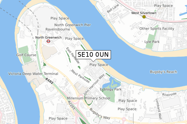 SE10 0UN map - small scale - OS Open Zoomstack (Ordnance Survey)