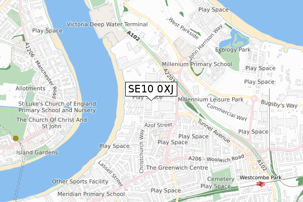 SE10 0XJ map - small scale - OS Open Zoomstack (Ordnance Survey)