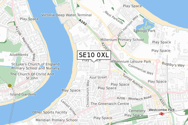 SE10 0XL map - small scale - OS Open Zoomstack (Ordnance Survey)