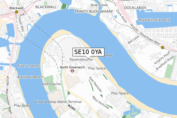 SE10 0YA map - small scale - OS Open Zoomstack (Ordnance Survey)