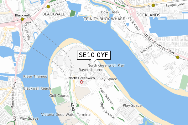 SE10 0YF map - small scale - OS Open Zoomstack (Ordnance Survey)
