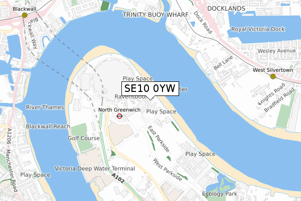 SE10 0YW map - small scale - OS Open Zoomstack (Ordnance Survey)