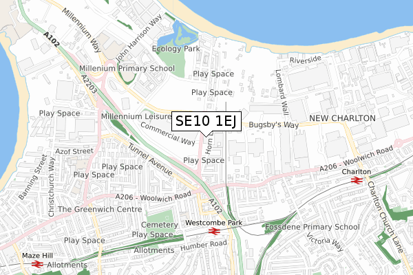 SE10 1EJ map - small scale - OS Open Zoomstack (Ordnance Survey)