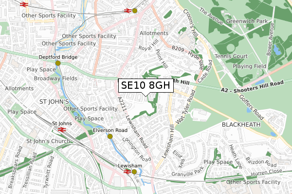 SE10 8GH map - small scale - OS Open Zoomstack (Ordnance Survey)