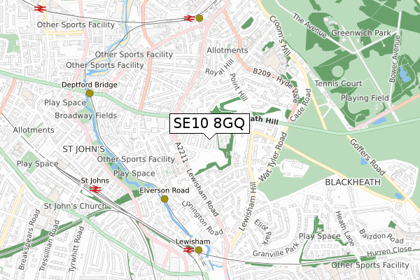 SE10 8GQ map - small scale - OS Open Zoomstack (Ordnance Survey)