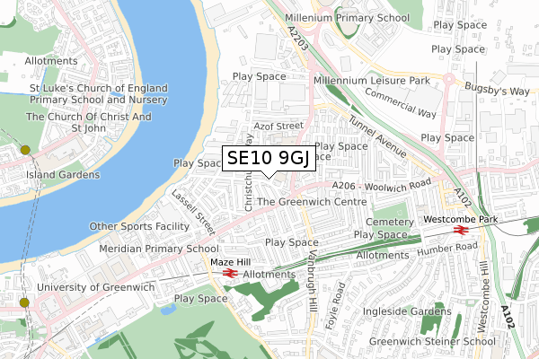 SE10 9GJ map - small scale - OS Open Zoomstack (Ordnance Survey)
