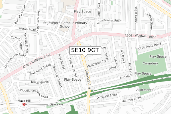 SE10 9GT map - large scale - OS Open Zoomstack (Ordnance Survey)