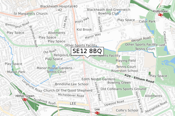 SE12 8BQ map - small scale - OS Open Zoomstack (Ordnance Survey)