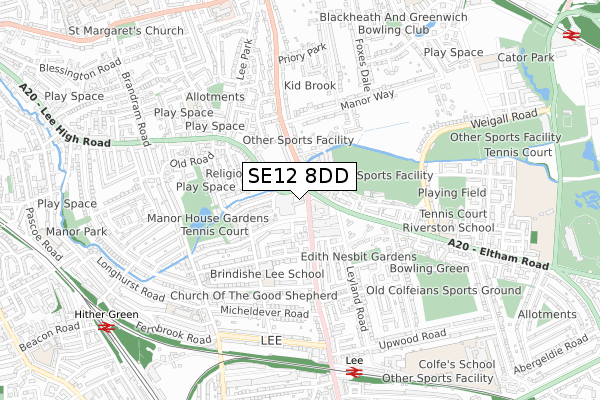 SE12 8DD map - small scale - OS Open Zoomstack (Ordnance Survey)