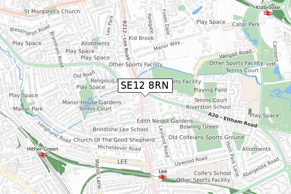 SE12 8RN map - small scale - OS Open Zoomstack (Ordnance Survey)
