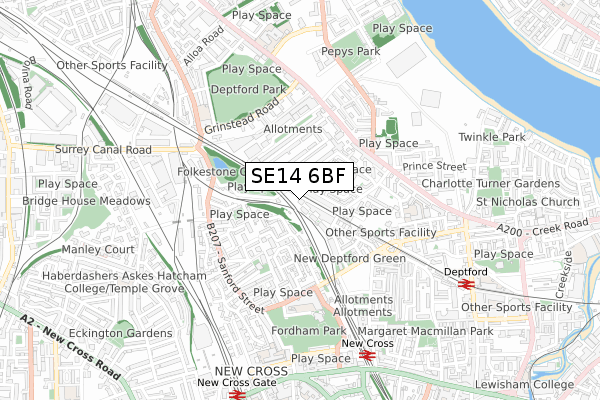 SE14 6BF map - small scale - OS Open Zoomstack (Ordnance Survey)