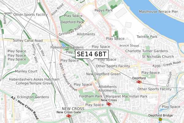 SE14 6BT map - small scale - OS Open Zoomstack (Ordnance Survey)